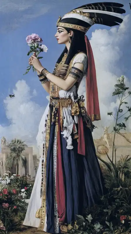 a winter garden with a female egyptian pharao holding a flower