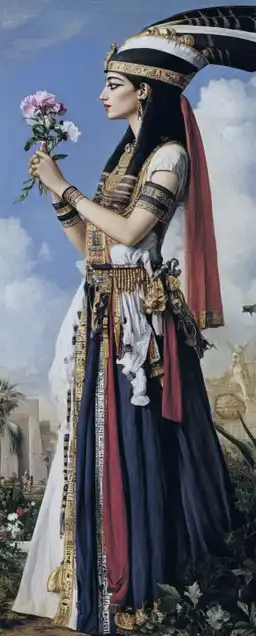 a winter garden with a female egyptian pharao holding a flower