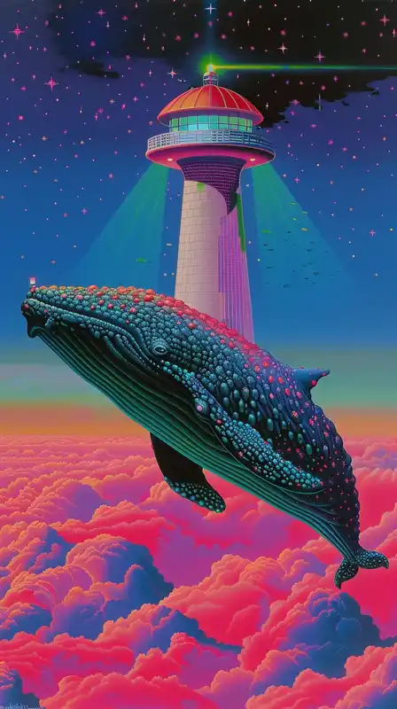 A floating lighthouse built atop a whale swimming through the clouds, the whale's skin textured with stars, glowing light beams cutting through the pink mist