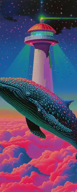 A floating lighthouse built atop a whale swimming through the clouds, the whale's skin textured with stars, glowing light beams cutting through the pink mist