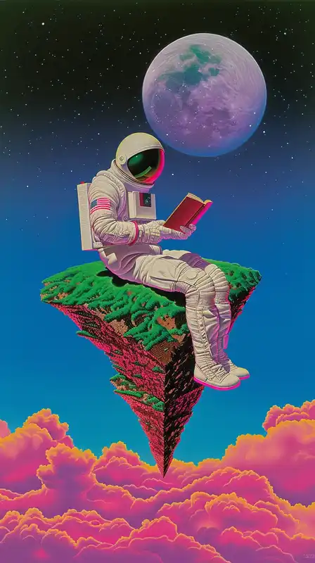An astronaut sitting cross-legged on a floating island of grass, reading a book under a melting moon, dreamlike clouds drifting around them