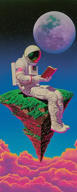 An astronaut sitting cross-legged on a floating island of grass, reading a book under a melting moon, dreamlike clouds drifting around them