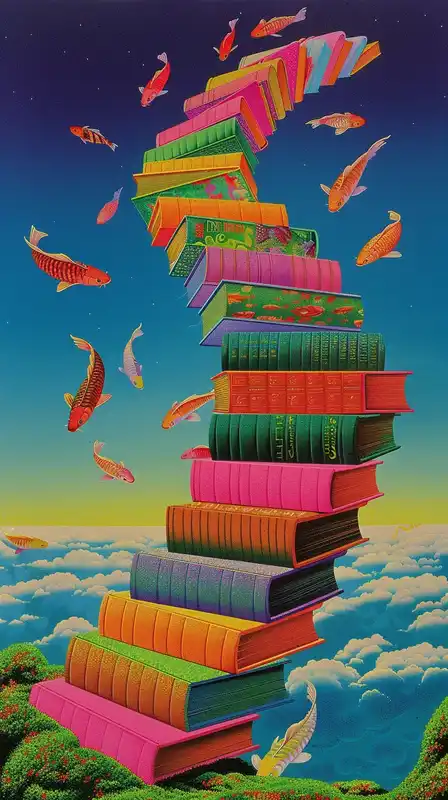 A staircase made of books spiraling into a sky filled with koi fish, pages fluttering, each step glowing slightly, surreal and magical ambiance