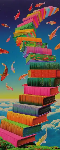 A staircase made of books spiraling into a sky filled with koi fish, pages fluttering, each step glowing slightly, surreal and magical ambiance