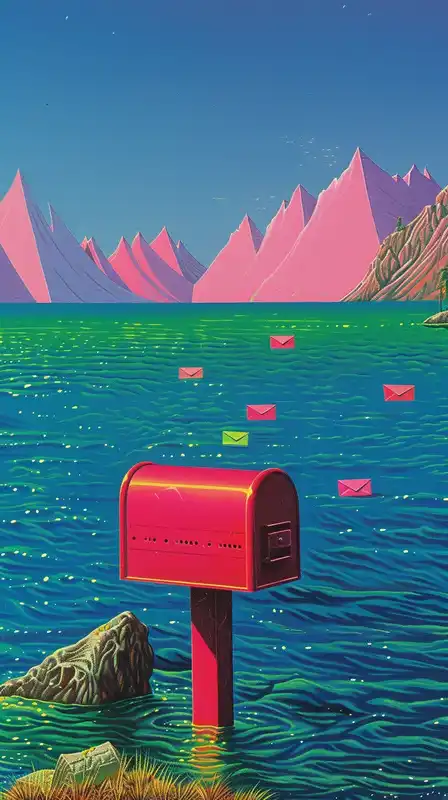 A red mailbox in the middle of the ocean, letters floating gently around it, distant mountains made of folded paper rising on the horizon