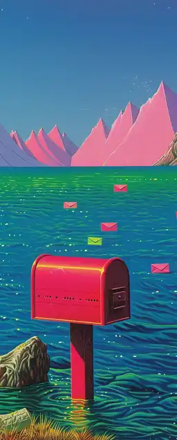 A red mailbox in the middle of the ocean, letters floating gently around it, distant mountains made of folded paper rising on the horizon