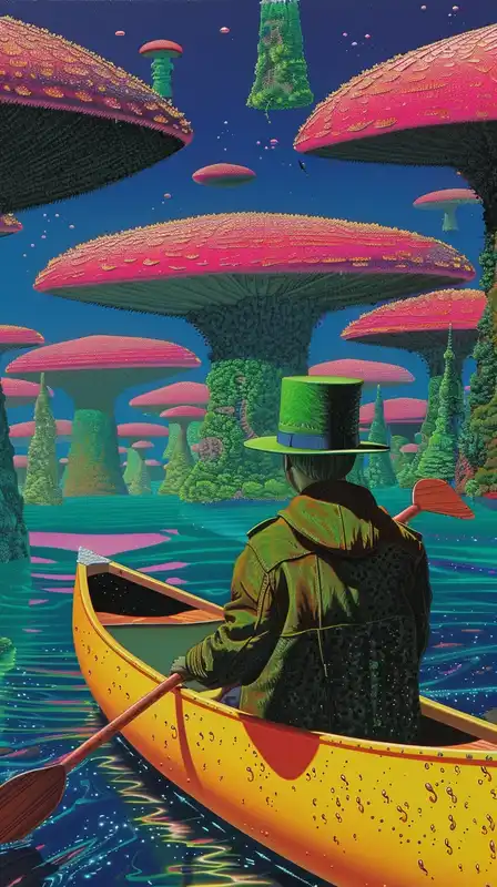 A fox in a coat and top hat rowing a golden canoe through a forest of giant mushrooms, bioluminescent spores falling like snow