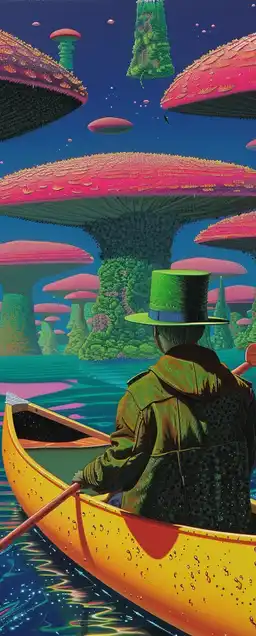 A fox in a coat and top hat rowing a golden canoe through a forest of giant mushrooms, bioluminescent spores falling like snow