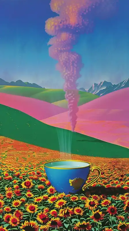 A giant teacup resting in the middle of a sunflower field, porcelain cracked with gold seams, steam swirling upward into the shape of a cat’s face