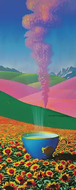 A giant teacup resting in the middle of a sunflower field, porcelain cracked with gold seams, steam swirling upward into the shape of a cat’s face