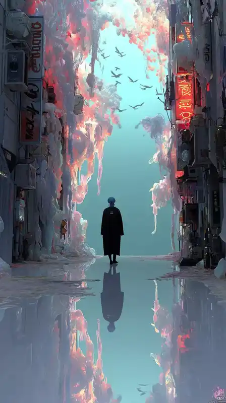 A lone figure walking on an upside-down city street suspended in the clouds, neon signage flowing like waterfalls into the sky, glitchy digital birds flying through mirrored fog