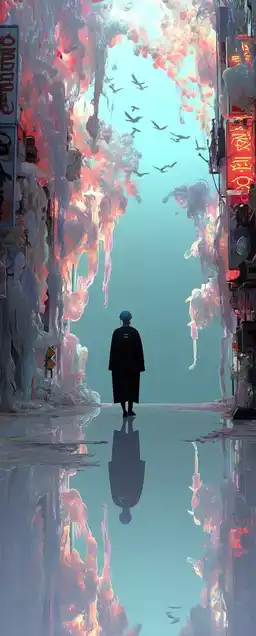 A lone figure walking on an upside-down city street suspended in the clouds, neon signage flowing like waterfalls into the sky, glitchy digital birds flying through mirrored fog