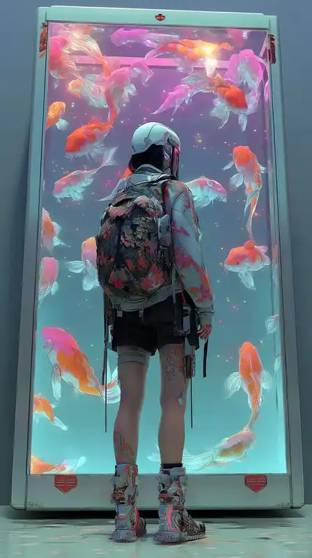A girl with a cybernetic face gazing into a vending machine filled with stars, her reflection fractured into infinite versions, surrounded by floating koi fish made of light