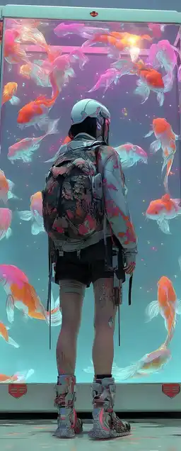 A girl with a cybernetic face gazing into a vending machine filled with stars, her reflection fractured into infinite versions, surrounded by floating koi fish made of light