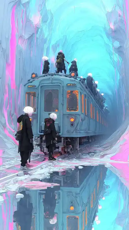 A surreal dream-train levitating above a neon ocean, glowing tracks spiraling into a portal, passengers with digital heads reading glitching newspapers