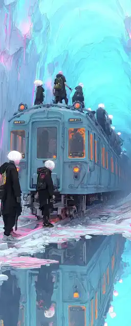 A surreal dream-train levitating above a neon ocean, glowing tracks spiraling into a portal, passengers with digital heads reading glitching newspapers