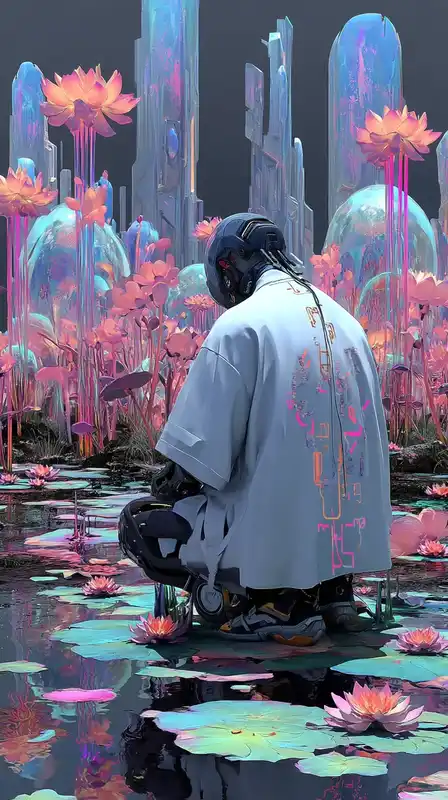 A cyberpunk monk meditating in a floating garden of holographic lotus flowers, skyscrapers bending in the distance, AI glyphs swirling around his aura