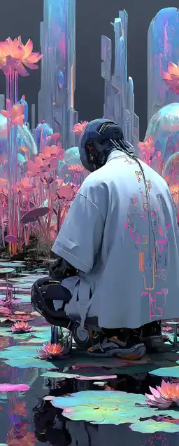 A cyberpunk monk meditating in a floating garden of holographic lotus flowers, skyscrapers bending in the distance, AI glyphs swirling around his aura