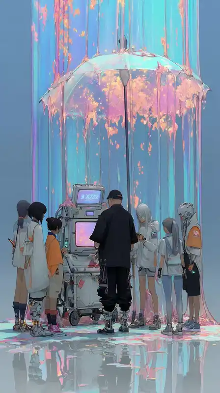 A street vendor selling digital dreams in jars, standing under a hologram umbrella, sky melting into soft pixels, customers with CRT faces lining up in silence