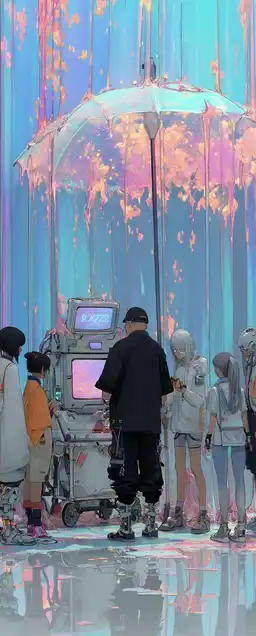 A street vendor selling digital dreams in jars, standing under a hologram umbrella, sky melting into soft pixels, customers with CRT faces lining up in silence