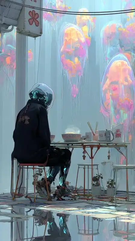 A man with glowing wires in place of veins sitting at a ramen bar that floats above a city, each slurp of noodles turning into shifting holograms, rain falling upward