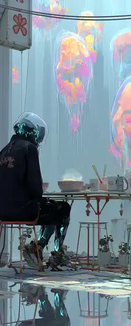 A man with glowing wires in place of veins sitting at a ramen bar that floats above a city, each slurp of noodles turning into shifting holograms, rain falling upward