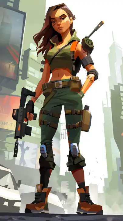 a female futuristic warrior standying in a post-apocalyptic city