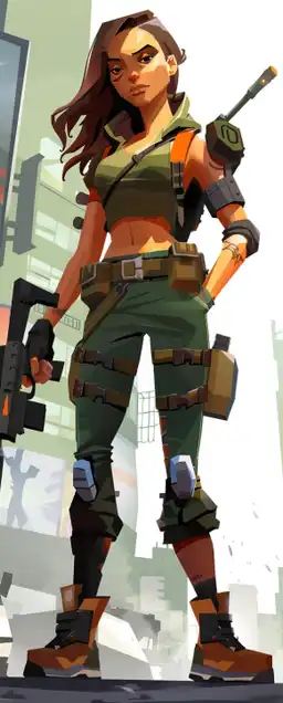 a female futuristic warrior standying in a post-apocalyptic city