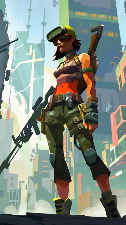 a female futuristic warrior standying in a post-apocalyptic city