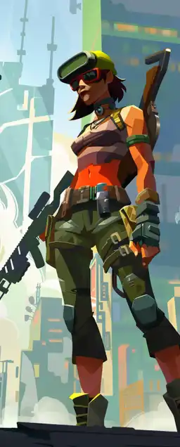 a female futuristic warrior standying in a post-apocalyptic city