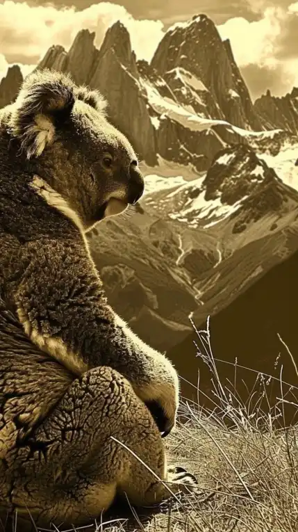 a close up of a koala sitting on a try and in the backgrounds snowy mountain tops in the alps can be seen