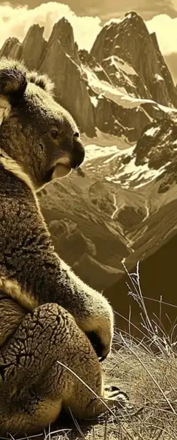 a close up of a koala sitting on a try and in the backgrounds snowy mountain tops in the alps can be seen