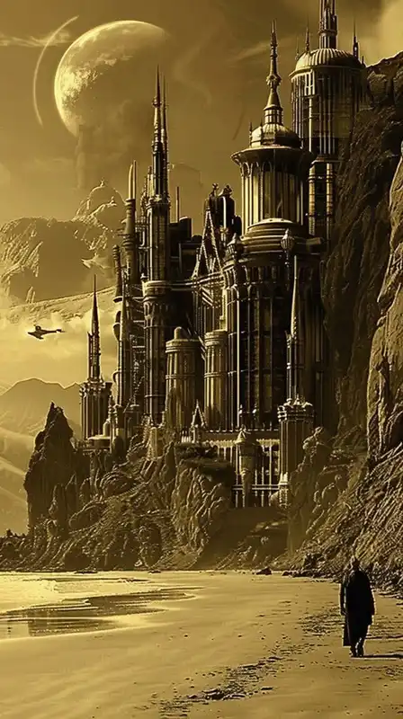 a cinematic shot of a fantasy castle on a beach
