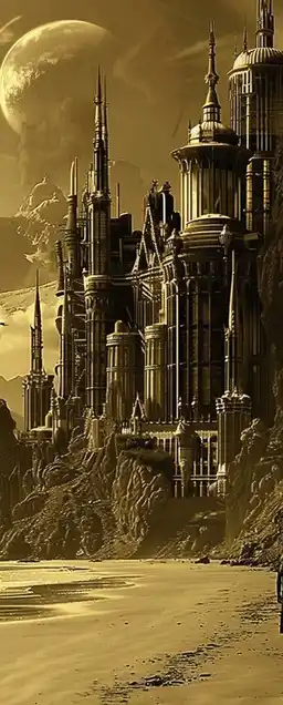 a cinematic shot of a fantasy castle on a beach