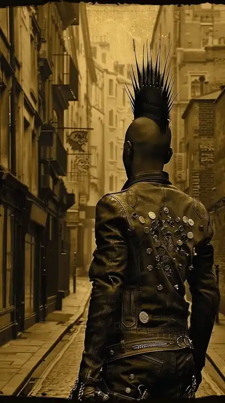 A vintage punk rocker with a spiked mohawk, leather jacket covered in pins, standing in a smoky London alley