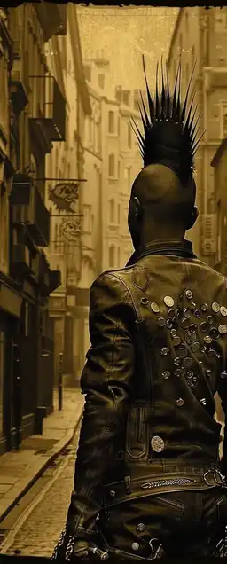 A vintage punk rocker with a spiked mohawk, leather jacket covered in pins, standing in a smoky London alley