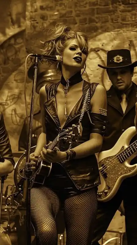 A retro punk band mid-performance, torn fishnets and safety pins, graffitied brick wall backdrop