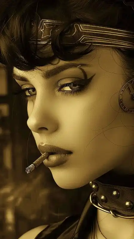 A close-up of a steampunk girl with smudged eyeliner, a DIY studded choker, and a cigarette dangling from her lips, faded sepia tones, 1970s zine aesthetic