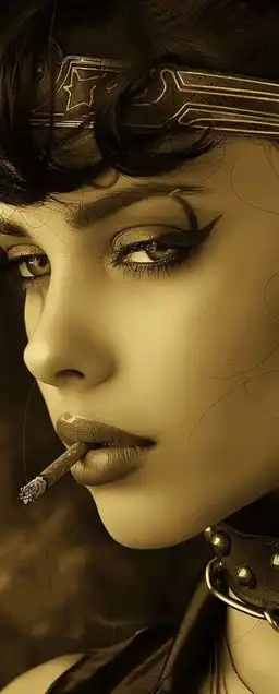 A close-up of a steampunk girl with smudged eyeliner, a DIY studded choker, and a cigarette dangling from her lips, faded sepia tones, 1970s zine aesthetic