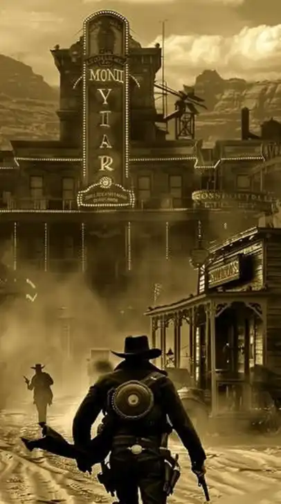 cinematic shot of a cowboy duel in a western town in front of the saloon