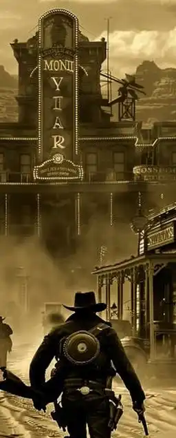 cinematic shot of a cowboy duel in a western town in front of the saloon