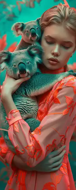 woman having a koala sitting on her shoulder