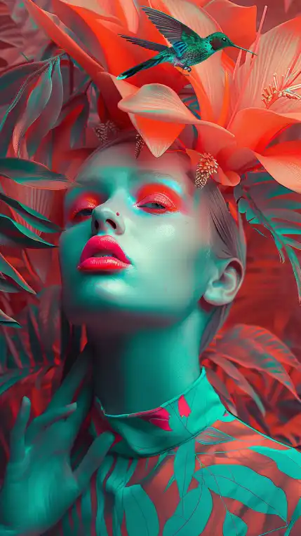 a fashion model standing in the jungle, a colobri flies around her head