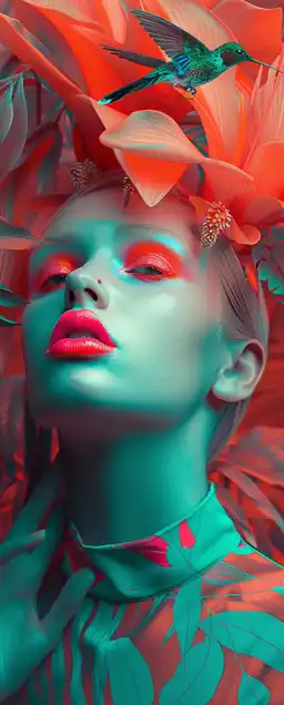 a fashion model standing in the jungle, a colobri flies around her head