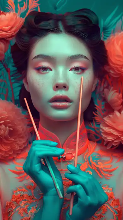close up shot of an asian woman in classic dress holding chop sticks