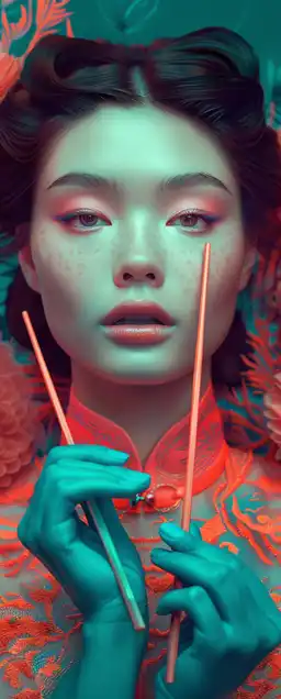 close up shot of an asian woman in classic dress holding chop sticks
