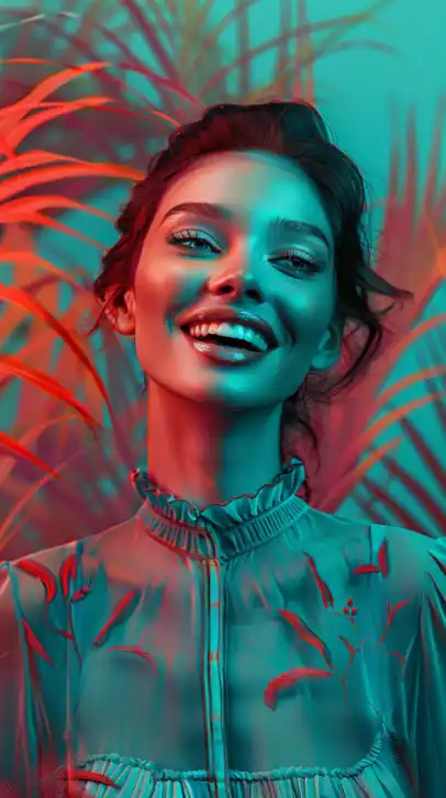 fashion shoot of a female model with a transparent shirt smiling into the camera, palms in the background, glamour photography
