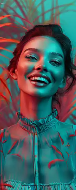 fashion shoot of a female model with a transparent shirt smiling into the camera, palms in the background, glamour photography
