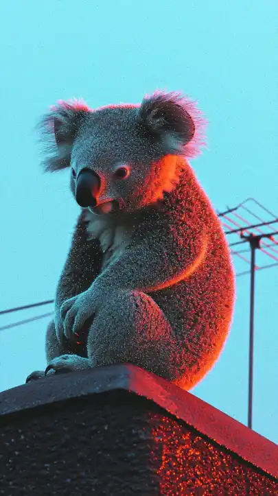 a koala bear sitting on an antenna on a house roof