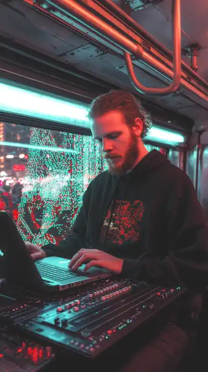 a computer nerd driving on the subway train with his laptop
